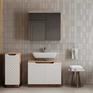 Badmöbel-Set 3 Teile Eiche/Weiß mit Kachelstruktur 79.6x62cm 80x63x32cm Spanplatte Weiß Vicco Möbel Badezimmermöbel
