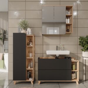 wohnli-moebel-suche-M26076772-1 Badmöbel-Set 3 Teile Sonoma/Anthrazit 100x65cm 100x65x35cm Spanplatte Braun Vicco Möbel Badezimmermöbel