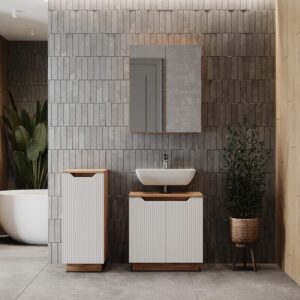 Badmöbel-Set 3 Teile Eiche/weiß gestreift 59.8x62.1cm 60x63x32cm Spanplatte Weiß Vicco Möbel Badezimmermöbel