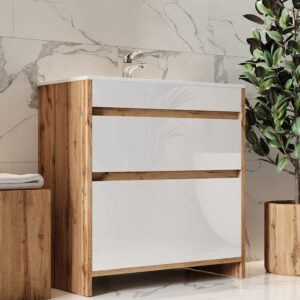 wohnli-moebel-suche-M26076810-1 Waschbeckenunterschrank 2 Teile Unterschrank Goldkraft Eiche 80x82cm 80x82x40cm Spanplatte Braun Vicco Möbel Badezimmermöbel Waschtische