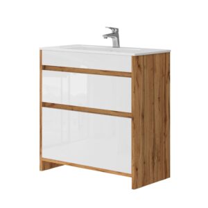 Wohnli Möbelsuche - Waschbeckenunterschrank 2 Teile Unterschrank Goldkraft Eiche 80x82cm