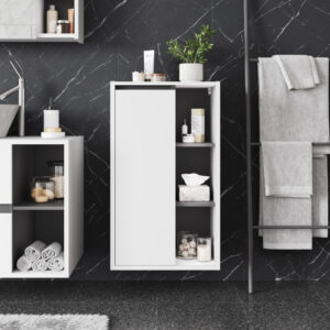 wohnli-moebel-suche-M26076814-1 Midischrank mit offenen Regalen Weiß/Grau 50x86cm 50x86x33cm Spanplatte Weiß Vicco Möbel Badezimmermöbel