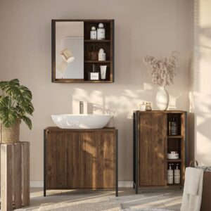 Badmöbel-Set 3 Teile Eiche/Schwarz 70x65cm 70x65x40cm Spanplatte Braun Vicco Möbel Badezimmermöbel