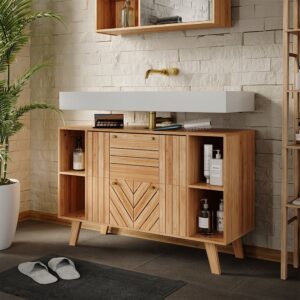 Waschbeckenunterschrank mit 2 Schubladen Bambus 100x0cm 100x65x36cm Spanplatte Braun Vicco Möbel Badezimmermöbel Waschtische