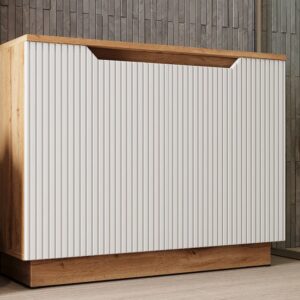 wohnli-moebel-suche-M26076848-1 Waschbeckenunterschrank mit 2 Türen Eiche/weiß gestreift 79.6x62.1cm 80x63x32cm Spanplatte Weiß Vicco Möbel Badezimmermöbel Waschtische