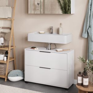 wohnli-moebel-suche-M26076859-1 Waschbeckenunterschrank mit 2 Schubladen Weiß 80x60cm 80x60x30cm Spanplatte Weiß Vicco Möbel Badezimmermöbel Waschtische
