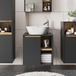 Waschbeckenunterschrank mit offenen Regalen Grau/Artisan 60x60cm 60x60x46cm Spanplatte Grau Vicco Möbel Badezimmermöbel Waschtische