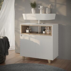 wohnli-moebel-suche-M26076905-1 Waschbeckenunterschrank mit 2 Türen Weiß/Eiche 60x61cm 60x61x30cm Spanplatte Weiß Vicco Möbel Badezimmermöbel Waschtische