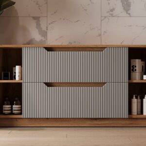 wohnli-moebel-suche-M26076937-1 Waschbeckenunterschrank mit 2 Schubladen Eiche gestreift 119.2x62.5cm 120x63x32cm Spanplatte Grau Vicco Möbel Badezimmermöbel Waschtische