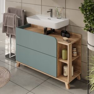 wohnli-moebel-suche-M26076988-1 Waschbeckenunterschrank mit 2 Schubladen Sonoma/Blau 100x65cm 100x65x35cm Spanplatte Braun Vicco Möbel Badezimmermöbel Waschtische