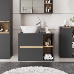Waschbeckenunterschrank mit 2 Schubladen Grau/Artisan 80x60cm 80x60x46cm Spanplatte Grau Vicco Möbel Badezimmermöbel Waschtische