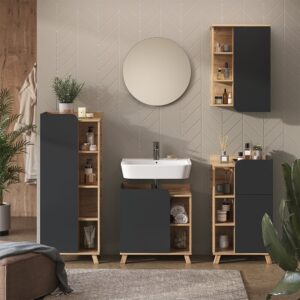 wohnli-moebel-suche-M26077056-1 Badschrank mit Tür und offenen Fächern Sonoma 50x75cm 50x75x20cm Spanplatte Braun Vicco Möbel Badezimmermöbel