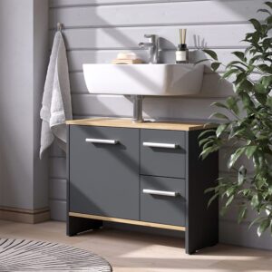 wohnli-moebel-suche-M26077074-1 Waschbeckenunterschrank mit 2 Schubladen und 1 Tür Anthrazit 70.2x57cm 71x57x28cm Spanplatte Schwarz Vicco Möbel Badezimmermöbel Waschtische