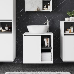 Waschbeckenunterschrank mit offenen Regalen Weiß/Grau 60x60cm 60x60x46cm Spanplatte Weiß Vicco Möbel Badezimmermöbel Waschtische