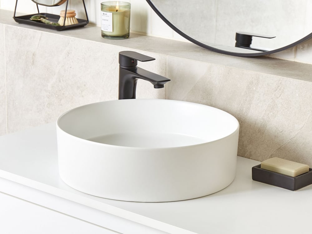 wohnli-moebel-suche-M26077108-1 Aufsatzwaschbecken ⌀ 40 cm Keramik Cremeweiß 40x12x40cm Keramik Weiß Beliani Möbel Badezimmermöbel Waschtische