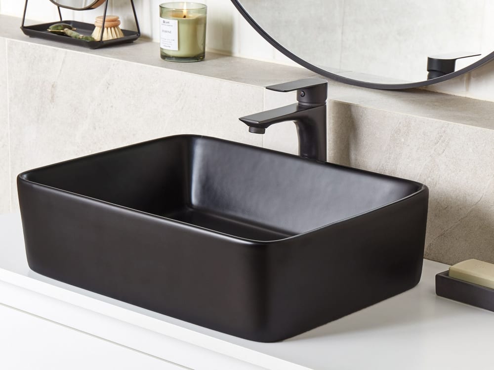 Aufsatzwaschbecken  49 x 38 cm Keramik Schwarz 38x14x49cm Keramik Schwarz Beliani Möbel Badezimmermöbel Waschtische