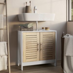 wohnli-moebel-suche-M26077136-1 Waschbeckenunterschrank mit 2 geschlossenen Fächern Weiß/Eiche 60x60cm 60x60x30cm Spanplatte Weiß Vicco Möbel Badezimmermöbel Waschtische