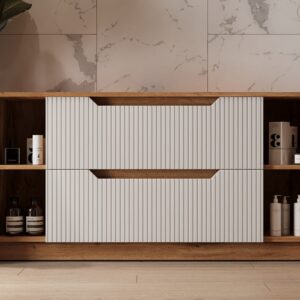 wohnli-moebel-suche-M26077204-1 Waschbeckenunterschrank mit 2 Schubladen Eiche gestreift 119.2x62.5 120x63x32cm Spanplatte Weiß Vicco Möbel Badezimmermöbel Waschtische