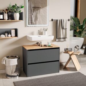 wohnli-moebel-suche-M26077297-1 Waschbeckenunterschrank Anthrazit/Goldkraft Eiche 80.2x65cm 81x65x46cm Spanplatte Schwarz Vicco Möbel Badezimmermöbel Waschtische
