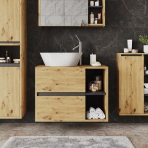Waschbeckenunterschrank mit 2 Schubladen Artisan/Grau 80x60cm 80x60x46cm Spanplatte Braun Vicco Möbel Badezimmermöbel Waschtische