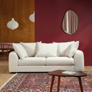 wohnli-moebel-suche-M26077619-1 Gerades 3-Sitzer-Sofa aus ecrufarbenem Stoff in Leinenoptik 218x82x102cm Stoff Beige BERAH GETAH Sofas und Sessel Sofas 2-Sitzer-Sofas & 3-Sitzer-Sofas
