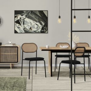 Esszimmerstühle 6er Set Schwarz Rattan Rückenlehne Metallbeine Rund 47x81x46cm PES - Polyester Schwarz ML-Design Möbel Esszimmermöbel Stühle