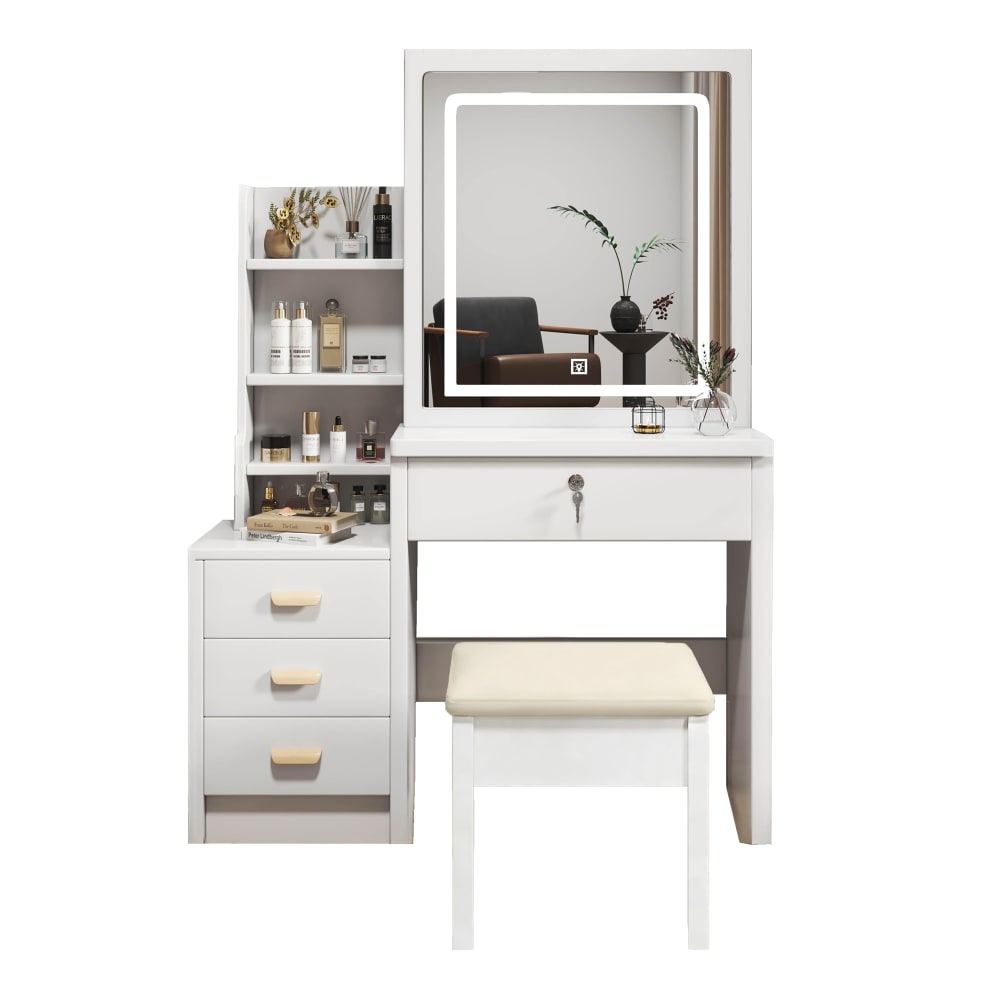 wohnli-moebel-suche-M26079186 Wohnli Möbelsuche - Schminktisch aus MDF mit LED-Spiegel und Hocker 85x36x130 cm