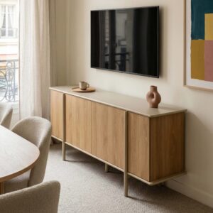 wohnli-moebel-suche-M26080068-1 Sideboard in Holzoptik 4 Türen 180 cm Creme 180x75x40cm Holz Beige Oviala Möbel Esszimmermöbel Sideboards, Highboards & niedrige Anrichten