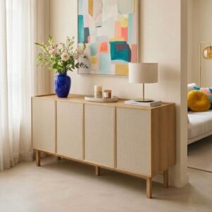 wohnli-moebel-suche-M26080075-1 Skandinavisches Sideboard mit 4 Türen Holzoptik 180 cm helles Holz 180x75x40cm Holz Beige Oviala Möbel Esszimmermöbel Sideboards, Highboards & niedrige Anrichten