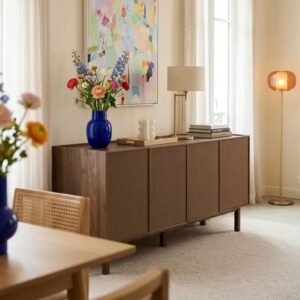 wohnli-moebel-suche-M26080077-1 Skandinavisches Sideboard mit 4 Türen Holzoptik 180 cm dunkles Holz 180x75x40cm Holz Braun Oviala Möbel Esszimmermöbel Sideboards, Highboards & niedrige Anrichten
