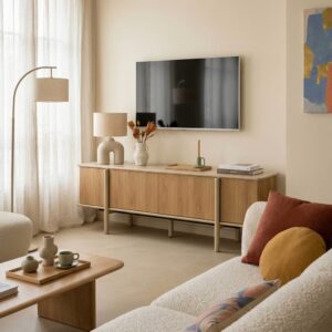 wohnli-moebel-suche-M26080090-1 TV-Möbel in Holzoptik mit 4 Türen 180 cm creme 180x55x40cm Holz Beige Oviala Möbel Wohnzimmermöbel TV-Möbel