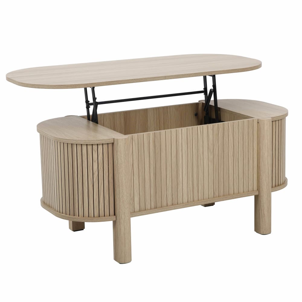 Wohnli Möbelsuche - Couchtisch mit Hubmechanismus oval 100 x 48 cm helle Holzoptik