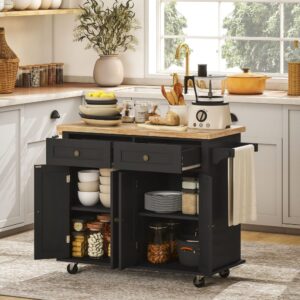 wohnli-moebel-suche-M26084694-1 Desserte îlot cuisine 2 tiroirs 2 placard mdf noir hévéa 111x82x44cm Holz Schwarz Homcom Möbel Küchenmöbel Kücheninseln & Servierwägen