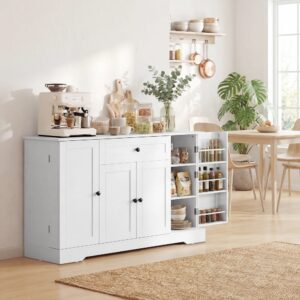 wohnli-moebel-suche-M26084722-1 Buffet tiroir 4 portes racks-porte étagères réglables bois blanc 140x80x40cm Spanplatte Weiß Homcom Möbel Esszimmermöbel Sideboards, Highboards & niedrige Anrichten