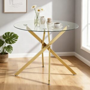wohnli-moebel-suche-M26085686-1 Runder Esstisch aus gehärtetem Glas mit Metallbeinen 80x80 cm Gold 80x76x80cm Metall Gold MODFU Möbel Esszimmermöbel Esstische
