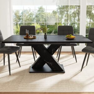 wohnli-moebel-suche-M26085688-1 Ausziehbarer Esstisch mit X-Gestell Marmoroptik 119/159x80 cm Schwarz 119x75x80cm Spanplatte Schwarz MODFU Möbel Esszimmermöbel Esstische
