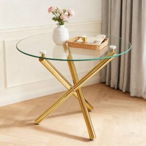 wohnli-moebel-suche-M26085691-1 Runder Esstisch aus Glas mit Metallbeinen 80x80x76 cm Gold 80x76x80cm Metall Gold MODFU Möbel Esszimmermöbel Esstische