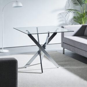 wohnli-moebel-suche-M26085706-1 Esstisch mit gekreuzten Metallbeinen und Glas 80x80 cm silber 80x75x80cm Glas Silber MODFU Möbel Esszimmermöbel Esstische