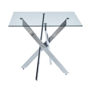 wohnli-moebel-suche-M26085706 Wohnli Möbelsuche - Esstisch mit gekreuzten Metallbeinen und Glas 80x80 cm silber