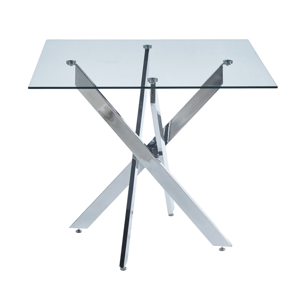 Wohnli Möbelsuche - Esstisch mit gekreuzten Metallbeinen und Glas 80x80 cm silber
