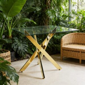 wohnli-moebel-suche-M26085707-1 Esstisch mit Glasplatte und Metallbeinen quadratisch 80x80 cm Gold 80x75x80cm Glas Gold MODFU Möbel Esszimmermöbel Esstische
