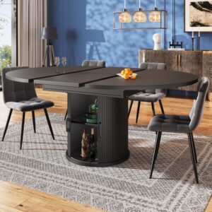 wohnli-moebel-suche-M26085708-1 Ausziehbarer Esstisch mit Stauraum und Schiebetür 118-158 cm Schwarz 158x77x118cm Spanplatte Schwarz MODFU Möbel Esszimmermöbel Esstische