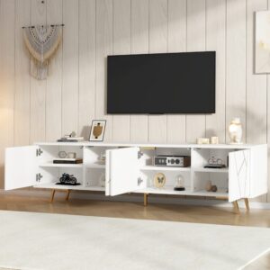 wohnli-moebel-suche-M26085718-1 TV-Schrank Lowboard mit 4 Türen und 5 Metallbeinen 190 cm Weiß-Gold 190x52x40cm Spanplatte Weiß MODFU Möbel Wohnzimmermöbel TV-Möbel