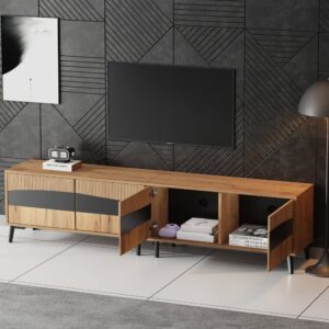 TV-Schrank mit 4 Türen Symmetrisch 180 cm Spanplatte Natur/Schwarz 140x50x40cm Spanplatte Braun MODFU Möbel Wohnzimmermöbel TV-Möbel