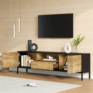 wohnli-moebel-suche-M26085729-1 TV-Schrank mit 2 Türen und Schublade 170x35x50 cm Eiche-Schwarz 170x50x35cm Spanplatte Braun MODFU Möbel Wohnzimmermöbel TV-Möbel