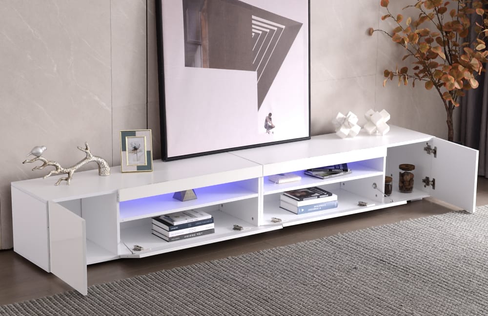 TV-Schrank mit LED-Lichtleiste und Stauraum 240 cm Weiß 240x36x39cm Spanplatte Weiß MODFU Möbel Wohnzimmermöbel TV-Möbel