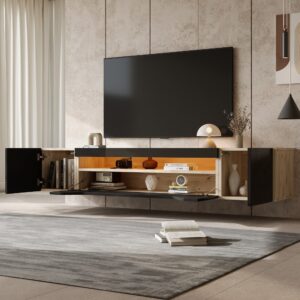 wohnli-moebel-suche-M26085740-1 Hänge-TV-Schrank mit LED und 3 Fächern 180 cm Schwarz+Natur 180x36x37cm Spanplatte Schwarz MODFU Möbel Wohnzimmermöbel TV-Möbel