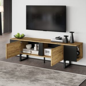 wohnli-moebel-suche-M26085748-1 TV-Schrank mit 2 Türen und offenen Regalen 180 cm Naturholz 180x55x40cm Spanplatte Braun MODFU Möbel Wohnzimmermöbel TV-Möbel