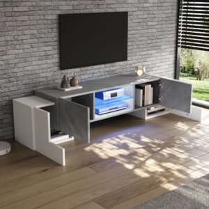 TV-Schrank mit LED und 4 Türen 180x40 cm Weiß/Grau 180x47x40cm Spanplatte Grau MODFU Möbel Wohnzimmermöbel TV-Möbel
