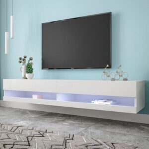 wohnli-moebel-suche-M26085752-1 LED TV-Schrank wandhängend mit Stauraum 140 cm Weiß 140x31x40cm Spanplatte Weiß MODFU Möbel Wohnzimmermöbel TV-Möbel